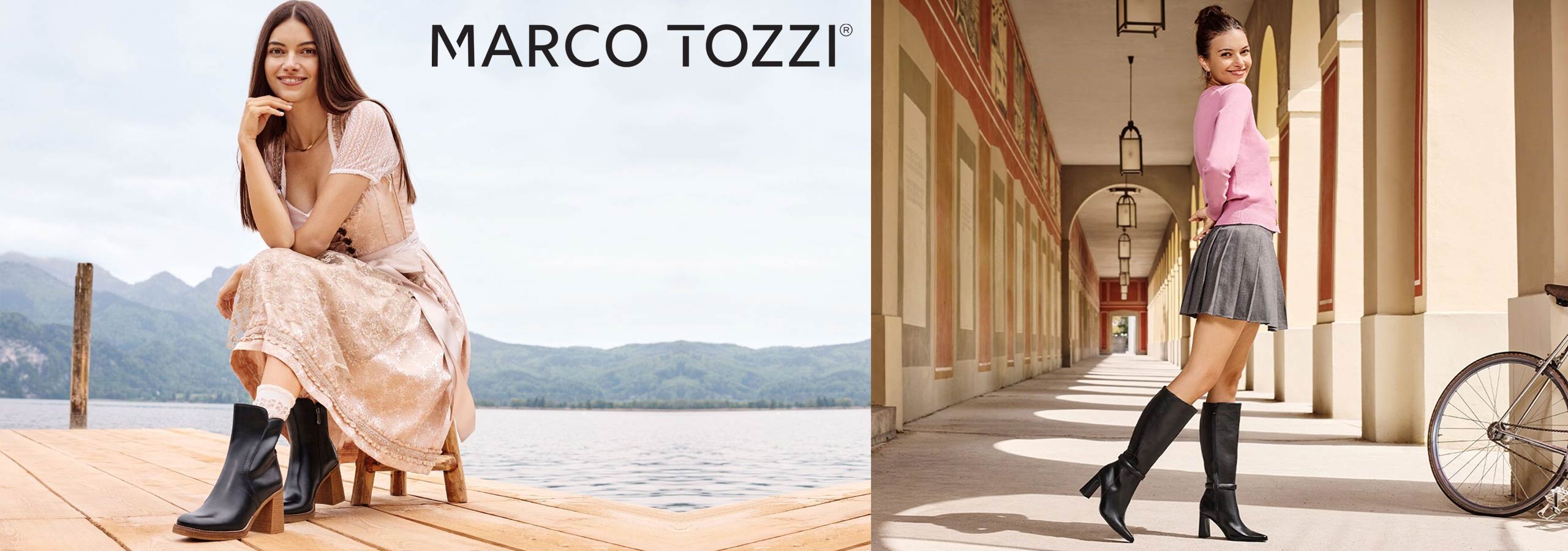 Marco Tozzi advertisement with a woman in a dress by a lake and another in a skirt and sweater with boots in an urban setting.