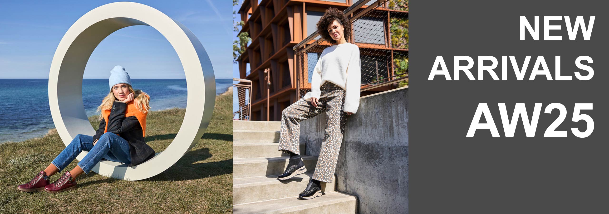 new arrivals AW25 text with photos of women wearing new shoes