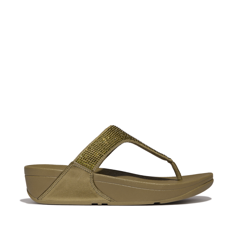 FitFlop Lulu Crystal Embellished Toe-Post Metallic Camo-Green