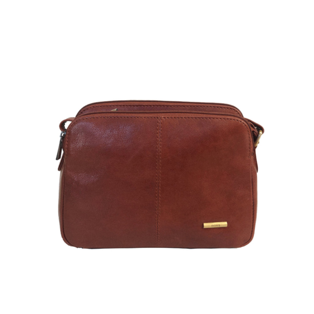 Nova Leathers - Triple Zip Top Shoulder Bag - 6137 Cognac
