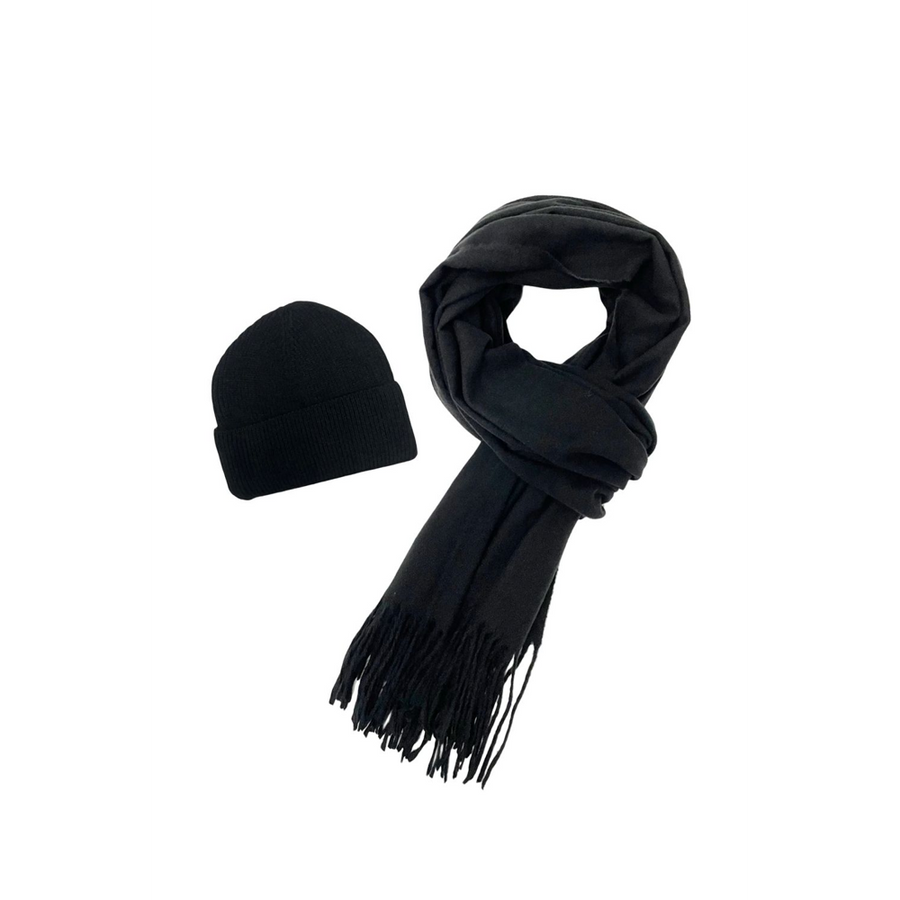 Fashion Scarf World - Cosy Plain Tassel Scarf & Hat Set - SET-7884-A - Black
