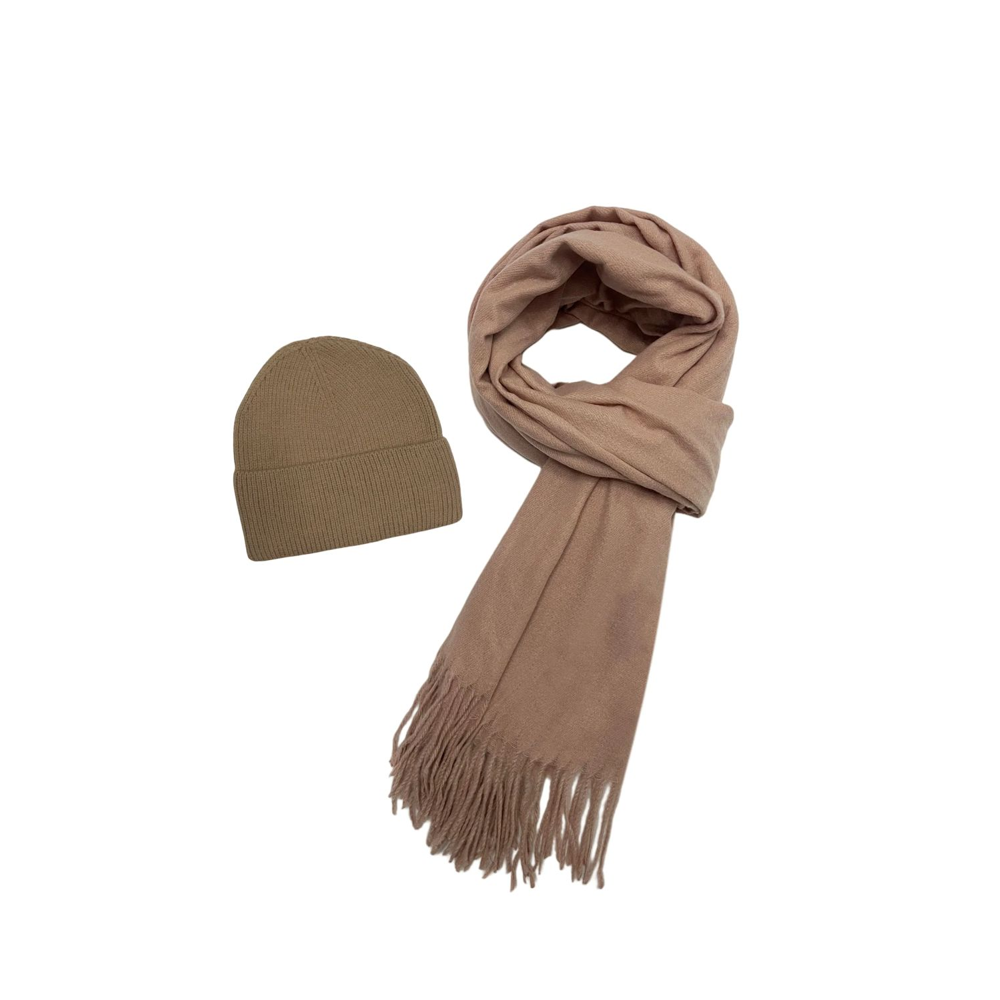 Fashion Scarf World - Cosy Plain Tassel Scarf & Hat Set - SET-7884-B - Beige