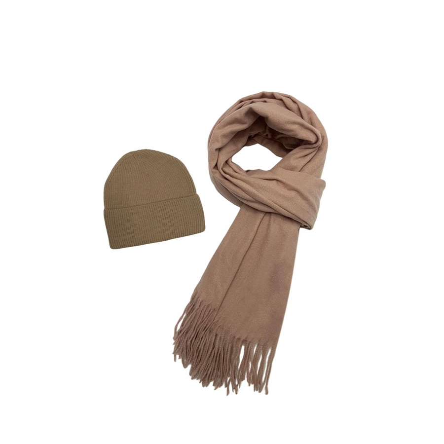 Fashion Scarf World - Cosy Plain Tassel Scarf & Hat Set - SET-7884-B - Beige