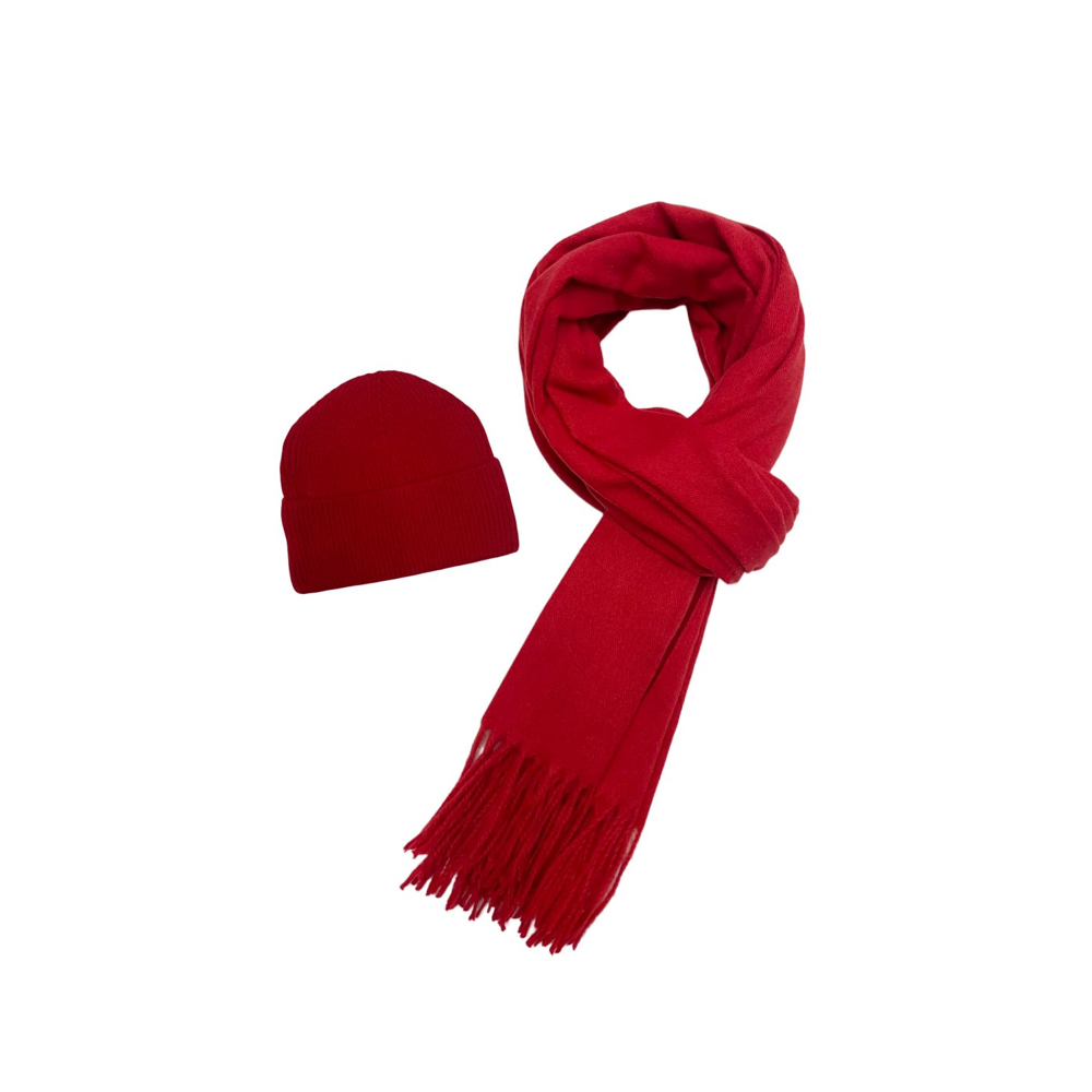 Fashion Scarf World - Cosy Plain Tassel Scarf & Hat Set - SET-7884-D - Red