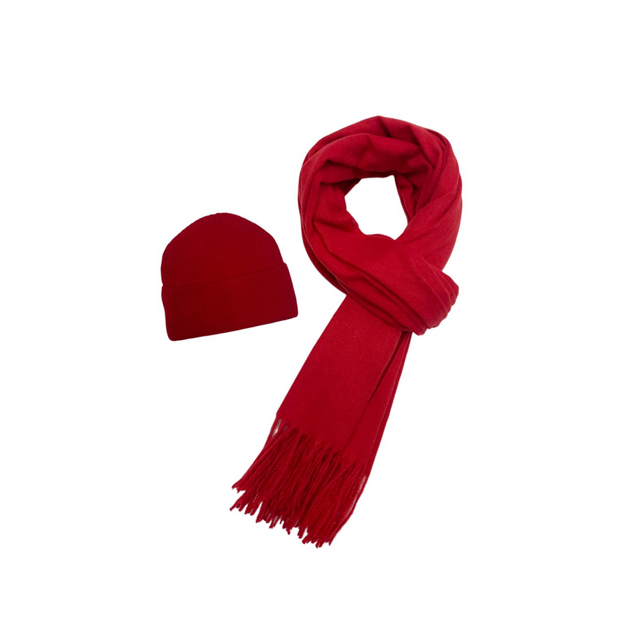 Fashion Scarf World - Cosy Plain Tassel Scarf & Hat Set - SET-7884-D - Red