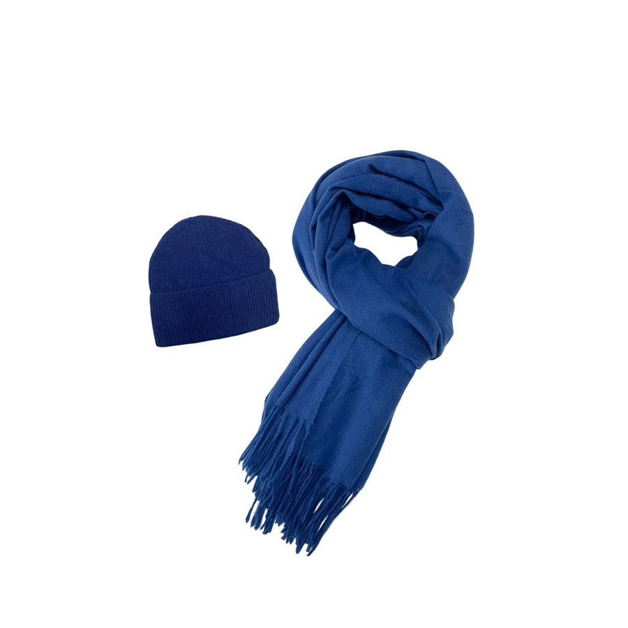 Fashion Scarf World - Cosy Plain Tassel Scarf & Hat Set - SET-7884-E - Royal Blue