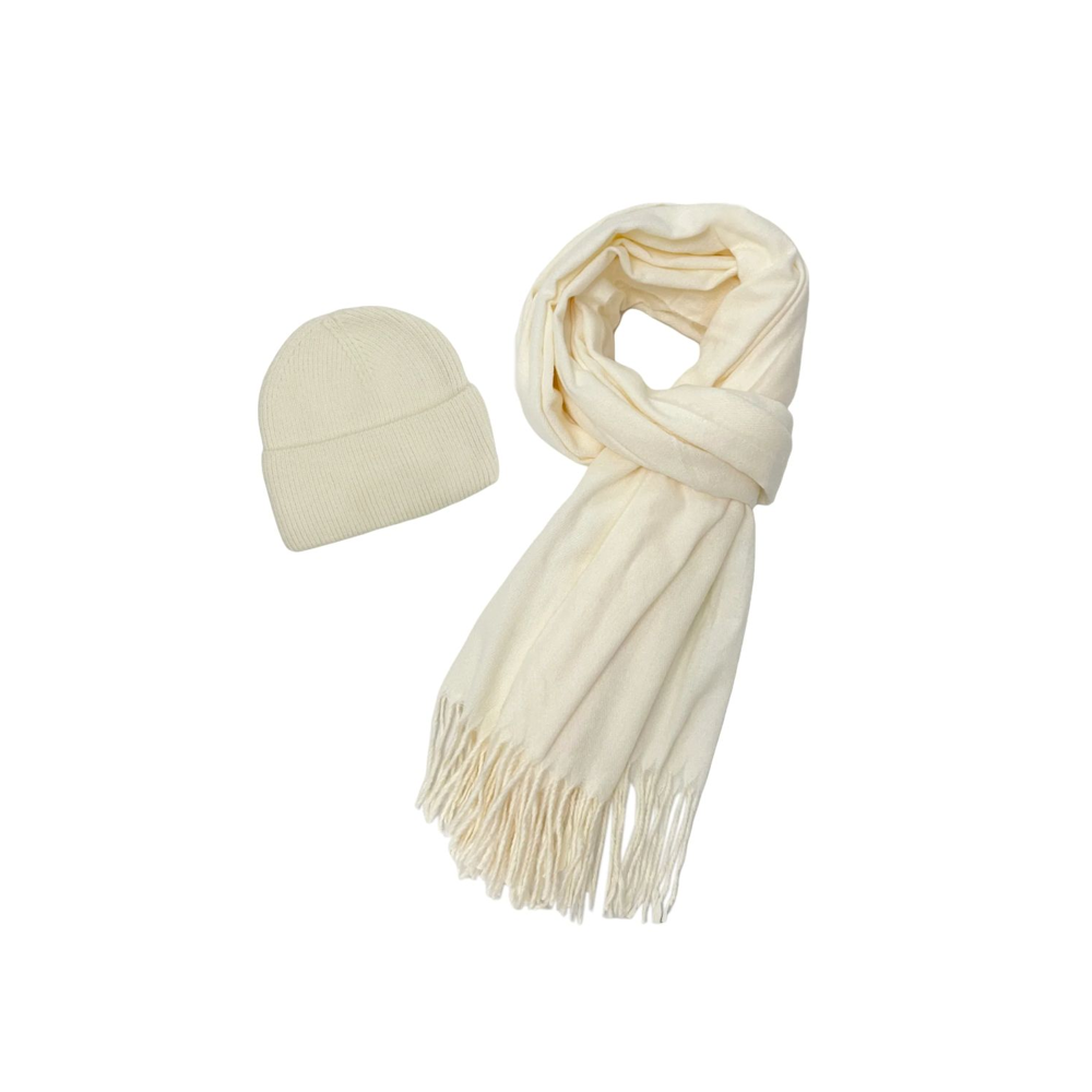 Fashion Scarf World - Cosy Plain Tassel Scarf & Hat Set - SET-7884-H - Off White