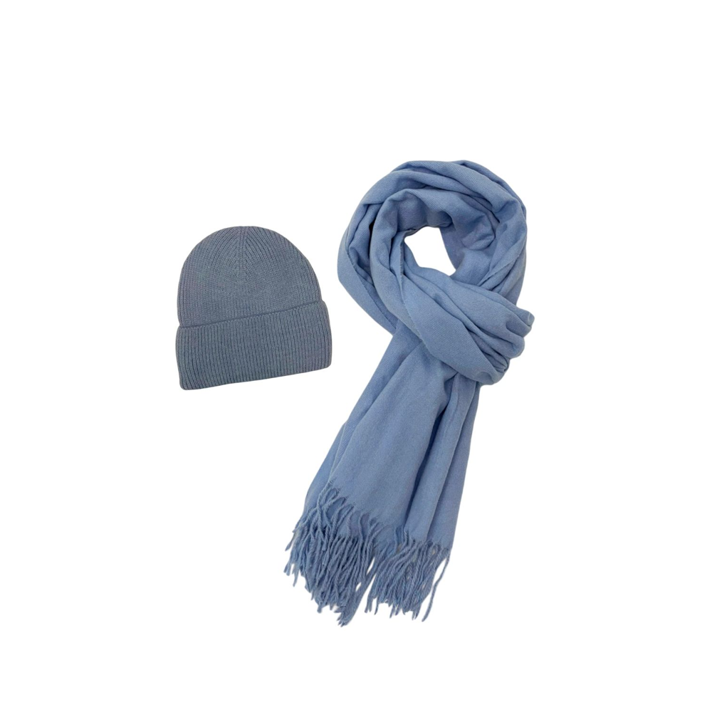 Fashion Scarf World - Cosy Plain Tassel Scarf & Hat Set - SET-7884-K - Powder Blue