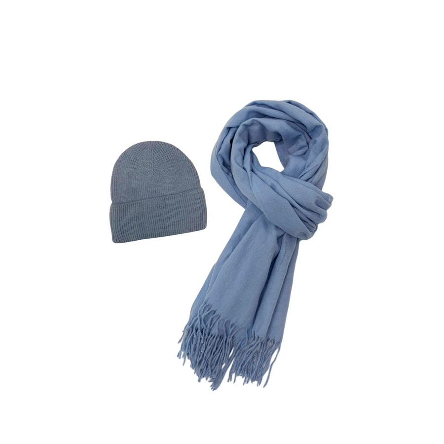 Fashion Scarf World - Cosy Plain Tassel Scarf & Hat Set - SET-7884-K - Powder Blue