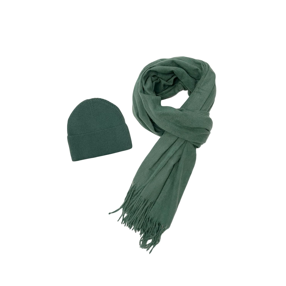 Fashion Scarf World - Cosy Plain Tassel Scarf & Hat Set - SET-7884-L - Green