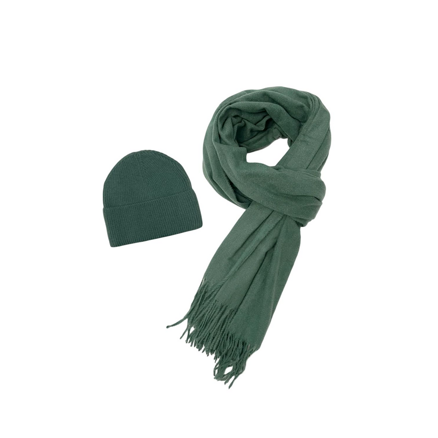 Fashion Scarf World - Cosy Plain Tassel Scarf & Hat Set - SET-7884-L - Green