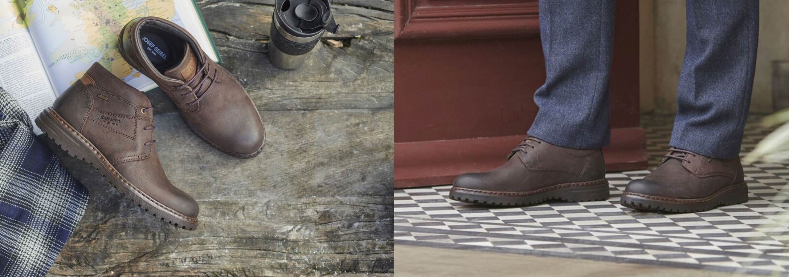 Brown leather shoes on a wooden floor and next to a door.