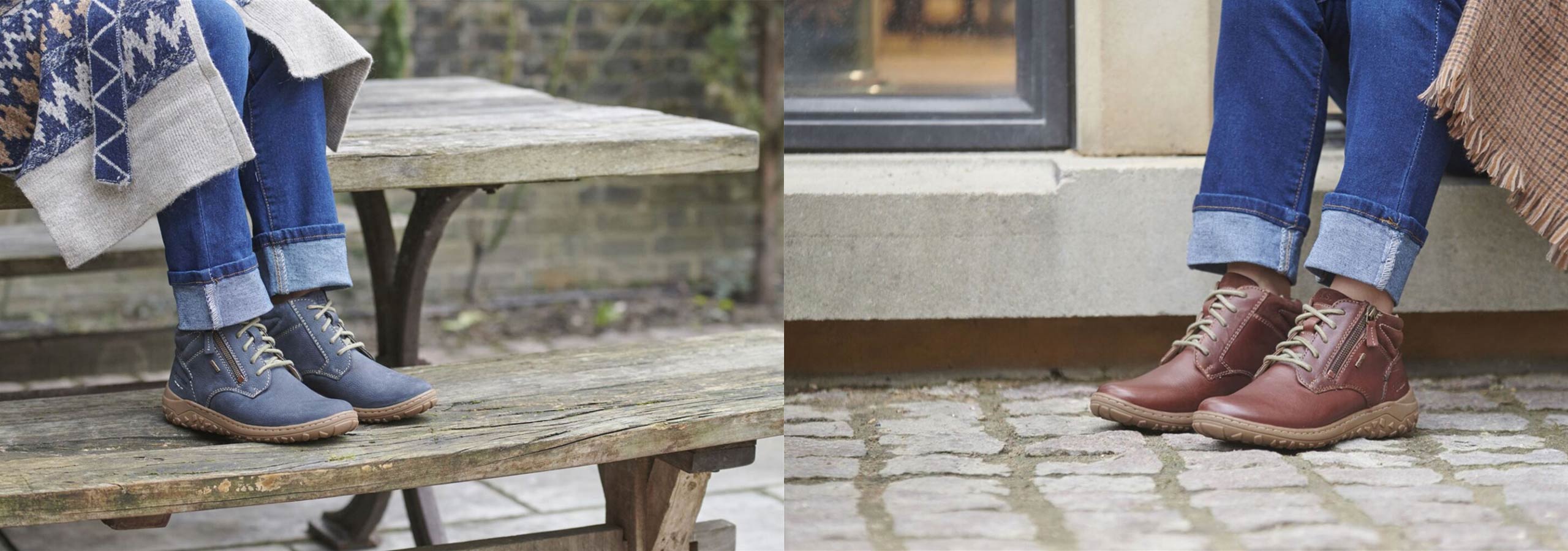 Two pairs of feet wearing shoes on wooden benches outdoors.