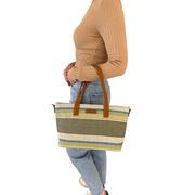 Nova Leathers - Medium Straw Effect Shopper CM8368 - Olive/Branch - Bags