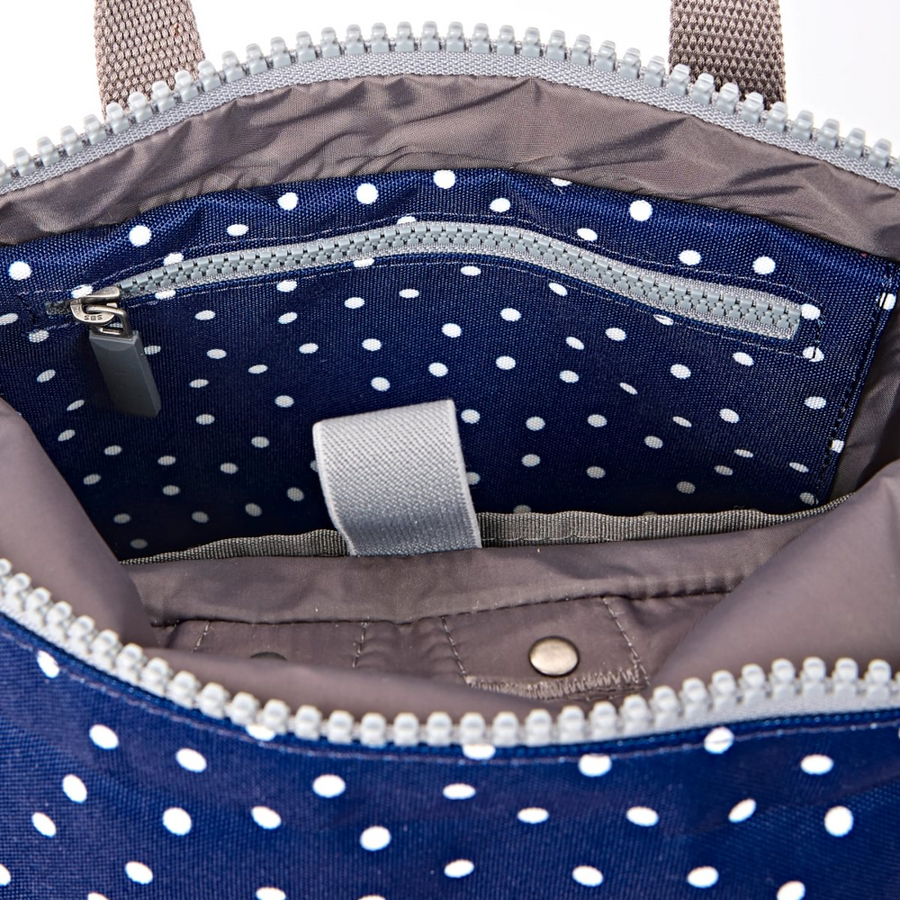 Roka - Canfield Small Backpack in Navy Polka Dot Canvas