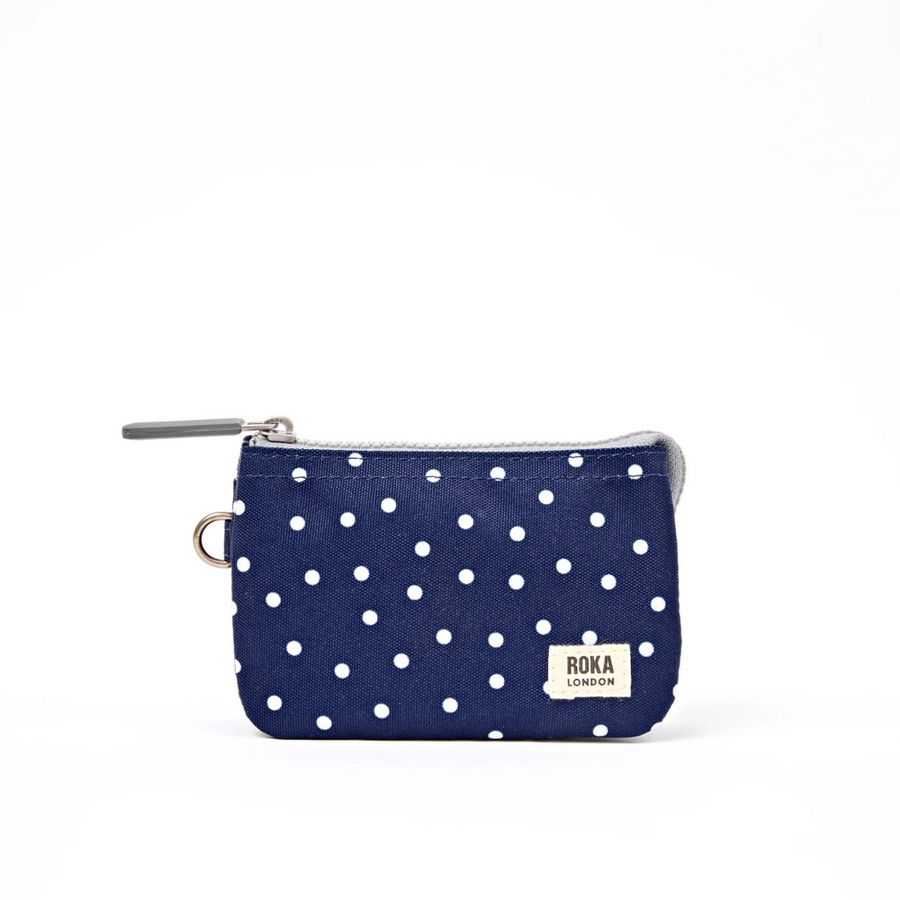 Roka - Carnaby Small Wallet in Navy Polka Dot Canvas