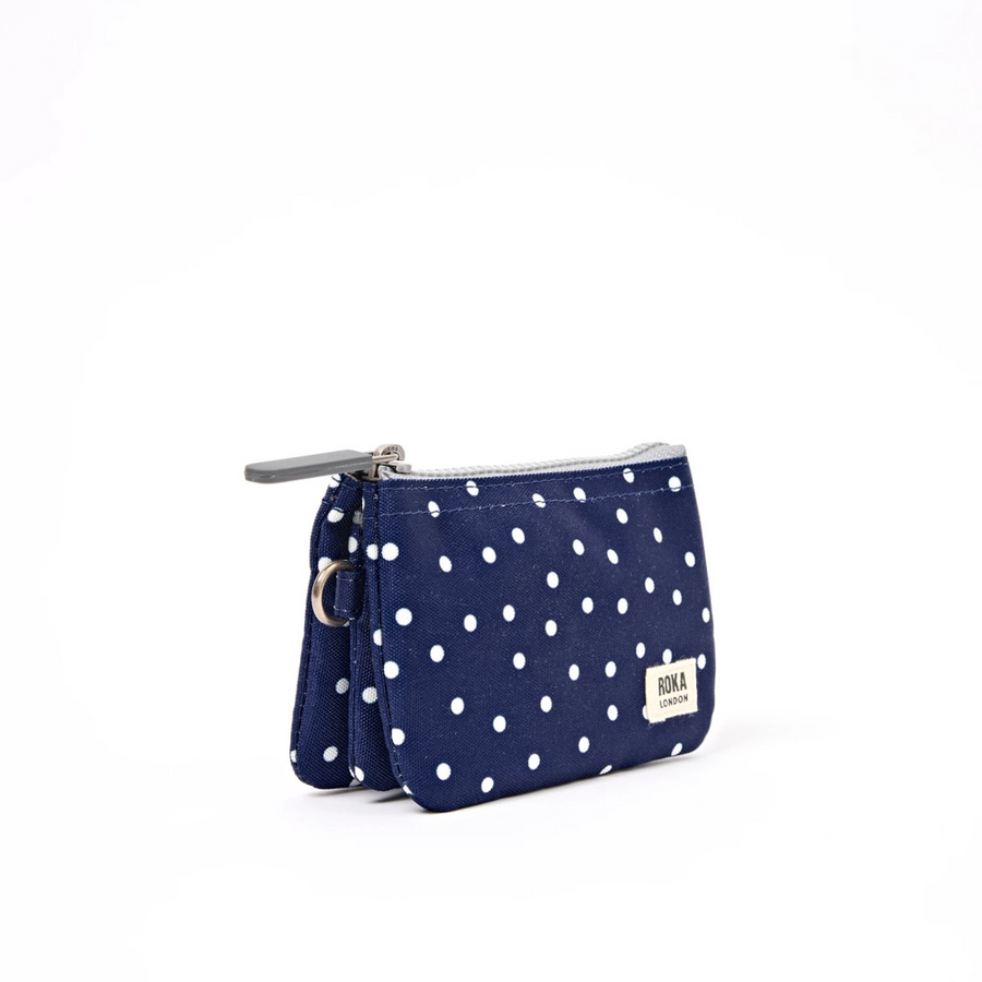 Roka - Carnaby Small Wallet in Navy Polka Dot Canvas