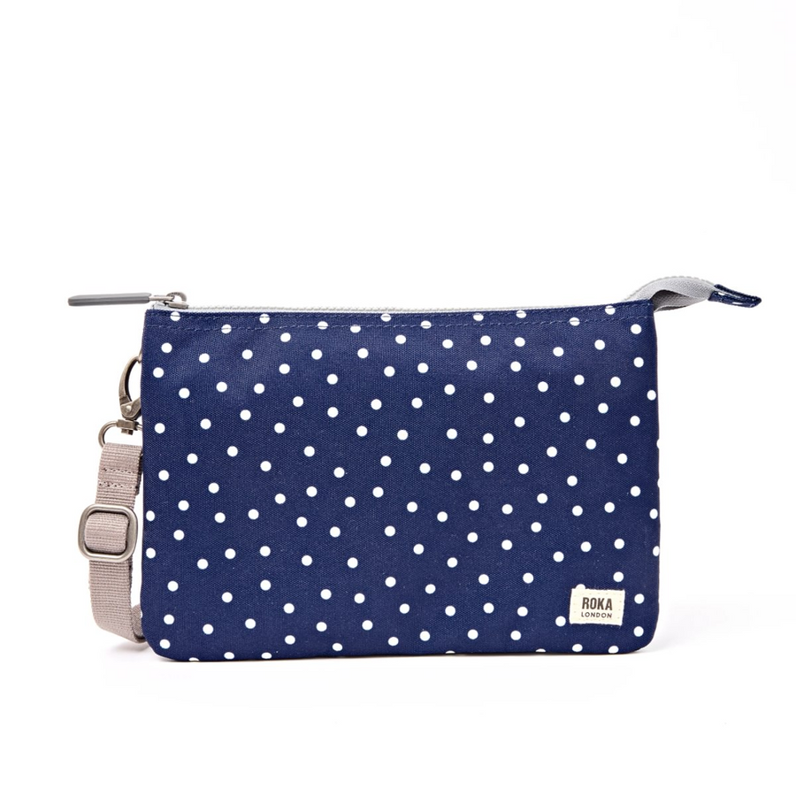 Roka - Carnaby Crossbody Bag in Navy Polka Dot Canvas