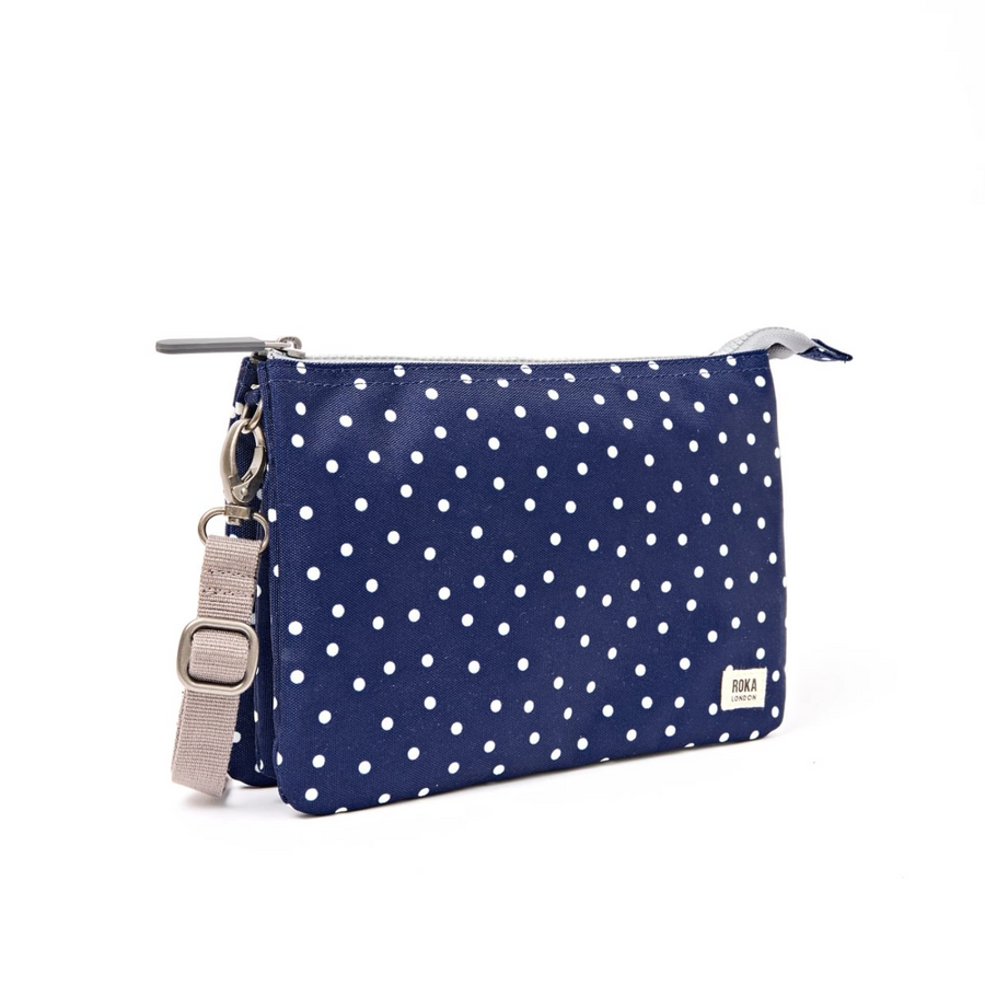 Roka - Carnaby Crossbody Bag in Navy Polka Dot Canvas