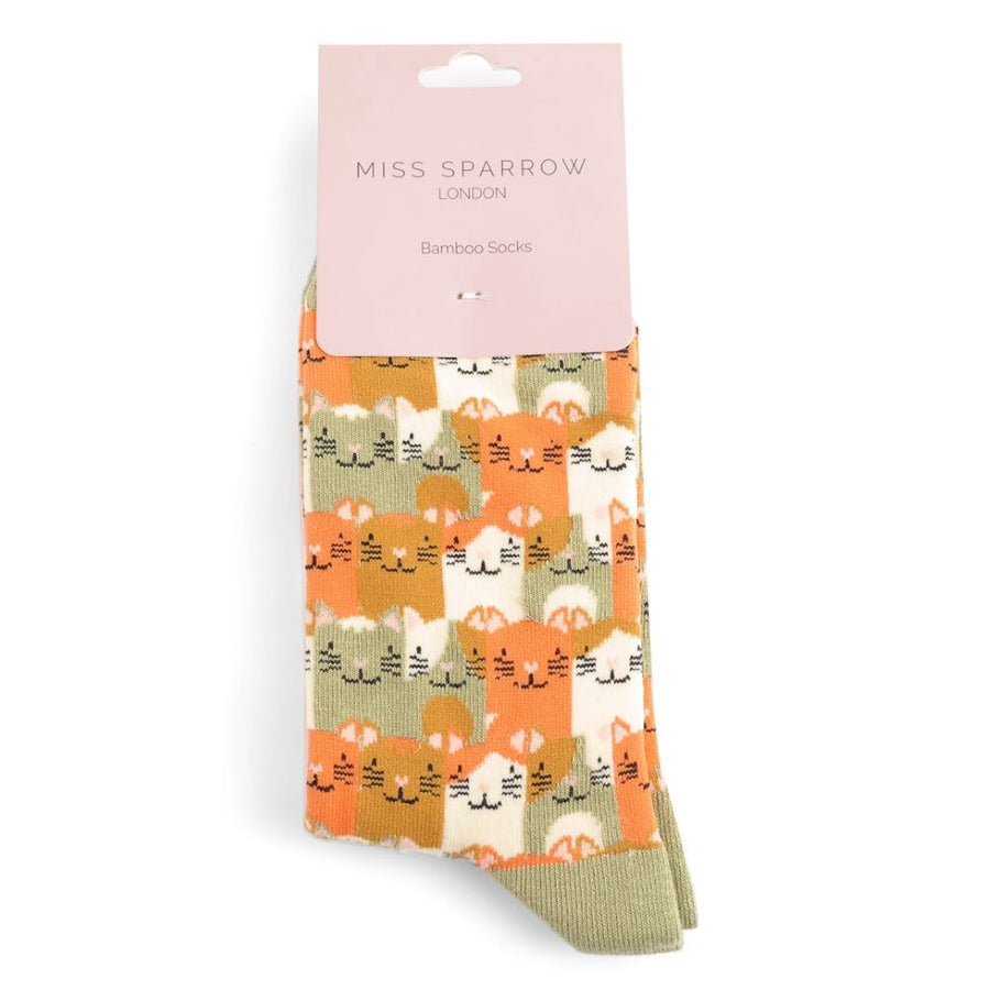 Miss Sparrow - Happy Cats Socks - Olive - Socks