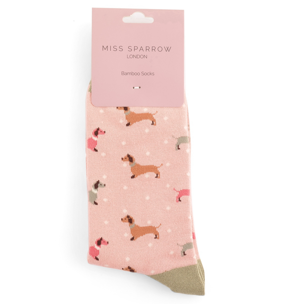 Miss Sparrow - SKS429 - Sausage Dog & Spots Socks - Dusky Pink