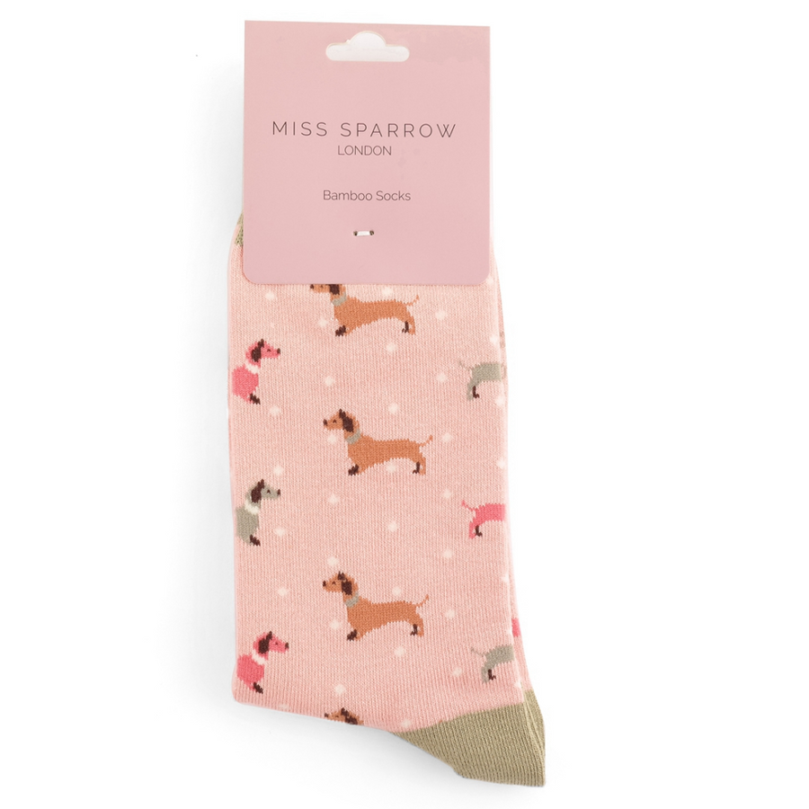 Miss Sparrow - SKS429 - Sausage Dog & Spots Socks - Dusky Pink