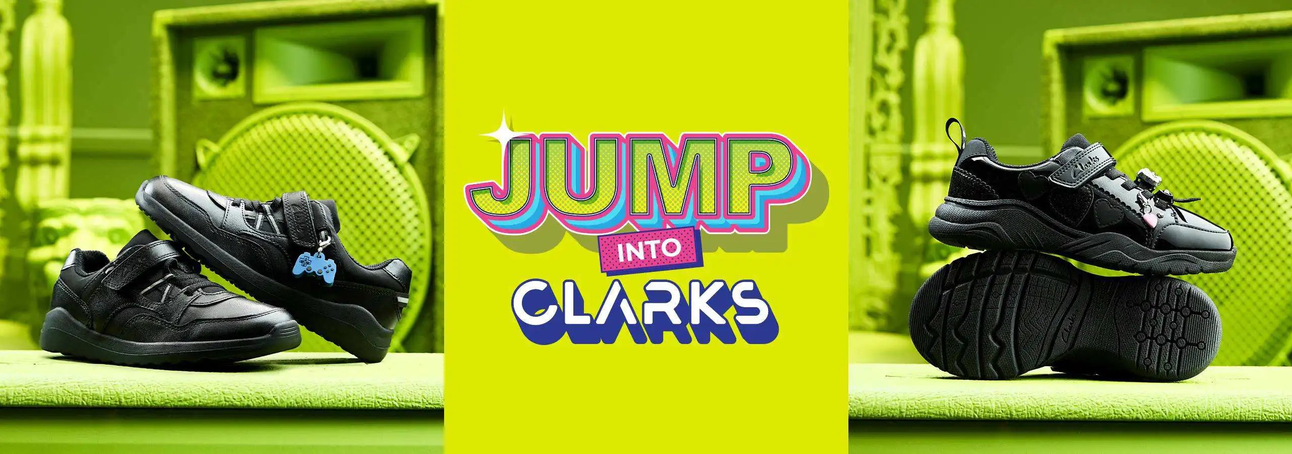 A promotional banner featuring black sneakers on a bright lime green background with a central logo reading 'JUMP INTO CLARKS'.