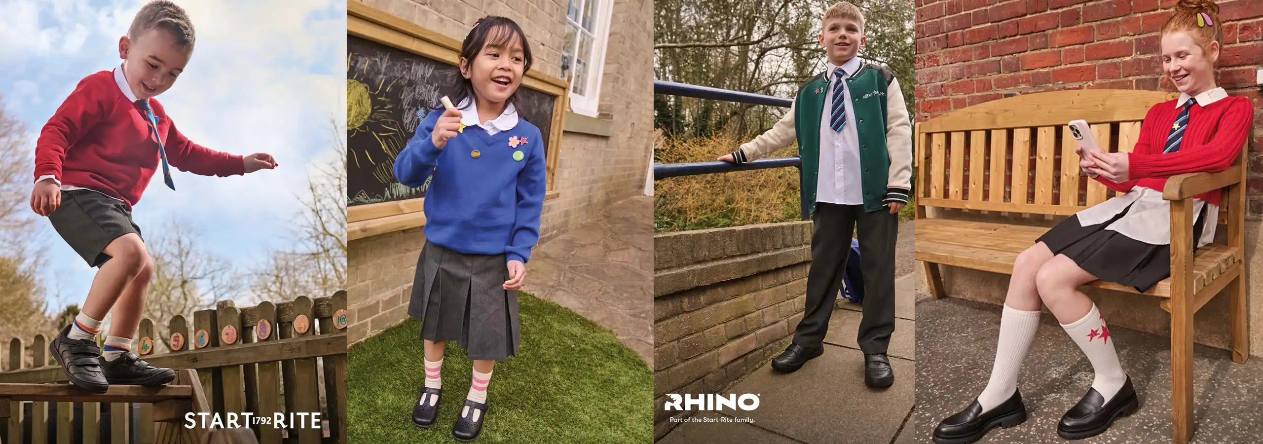A four-panel collage showing children wearing school uniform sets in outdoor and indoor school environments. The uniforms include a red sweater and skirt with a tie, a blue sweater and skirt with a tie, a green blazer over a white shirt with a tie, and a red sweater with a skirt and knee socks.