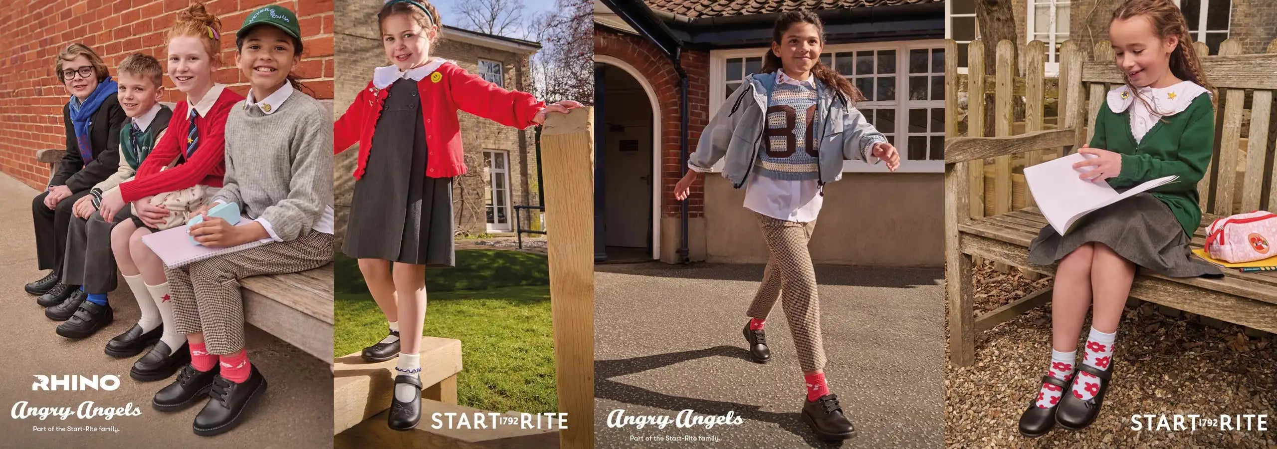 A four-panel collage showing children wearing school uniform sets in outdoor and indoor school environments. The left panel shows four children sitting on a bench wearing grey, red, and black uniforms, with the text 'RHINO' and 'Angy Angels'.